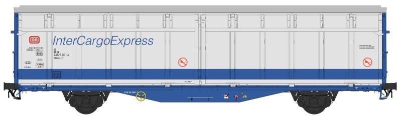 Hbbis Schiebewandwagen mit blauem Fahrgestell und silbernen Seitenwänden