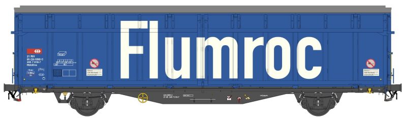 Hbbis Schiebewandwagen mit grauem Fahrgestell und blauen Seitenwänden