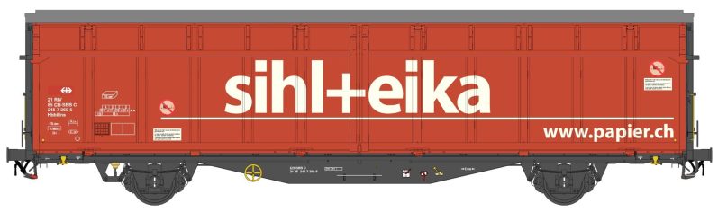 Hbbis Schiebewandwagen mit grauem Fahrgestell und roten Seitenwänden