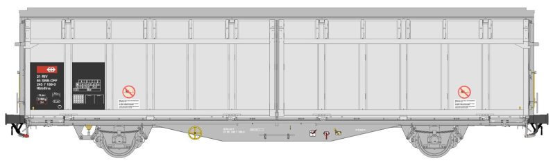 Hbbis Schiebewandwagen mit grauem Fahrgestell und silbernen Seitenwänden